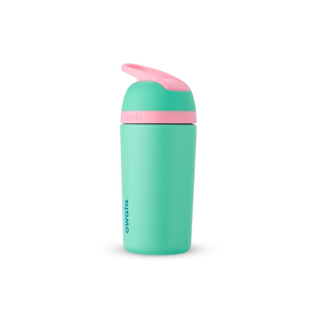 Owala Kids (Pink/Pink and Teal/Yellow) 14 Oz. Water Bottle Carry Loop With  Integrated Lock Hygienic Flip Straw Colored Straw Leak Proof Insulated