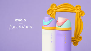 Owala and Friends TV show logo. Two Owala water bottles and a iconic friends TV show door frame