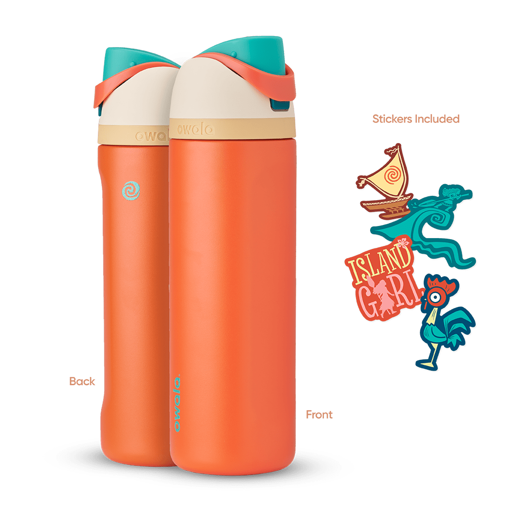 Front and back view of the Moana 24oz Owala FreeSip bottle with Moana-themed stickers, showcasing all included items.